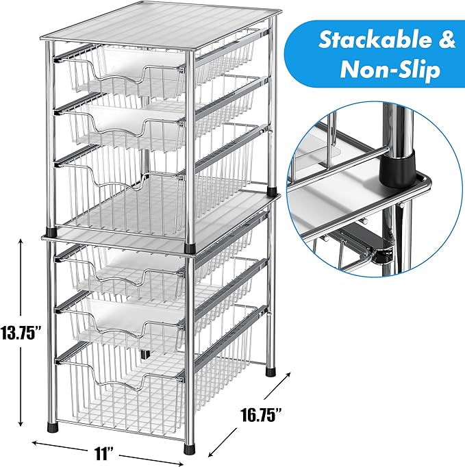 Simple Houseware Stackable 3 Tier Sliding Basket Organizer Drawer, Chrome