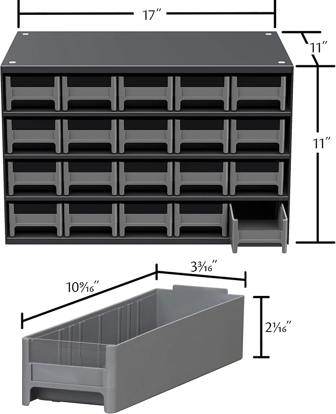 Akro-Mils Steel Garage Storage Cabinet, Small Parts Organizer Metal Cabinet for Hardware, Nails, Screws, Bolts, Nuts, and More, 17" W x 11" D x 11" H, 20-Drawer, Gray Cabinet/Blue Drawers (19320)