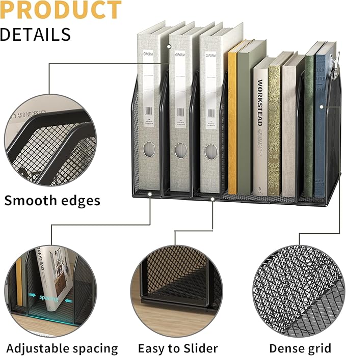 Metal 7-Section File Folder Organizer for Desk | Vertical Office File Holder | Heavy-Duty Mesh Document Sorter for Books, Binders, Laptops | Black Desk Organizer (12.8”x8.5”x7.9”)