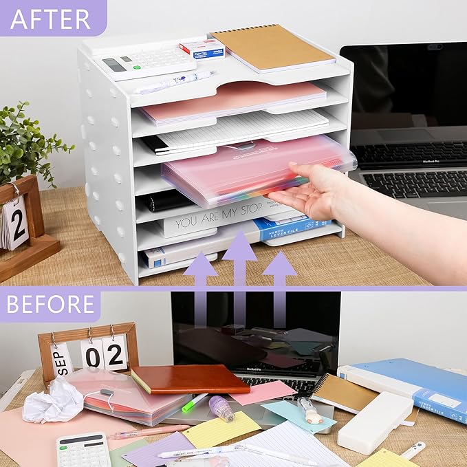 Paper Organizer Storage for Desk, 7 Tier Wide Construction File Organizer Paper Sorter, Desktop Document Storage Holder for Home Office School, White