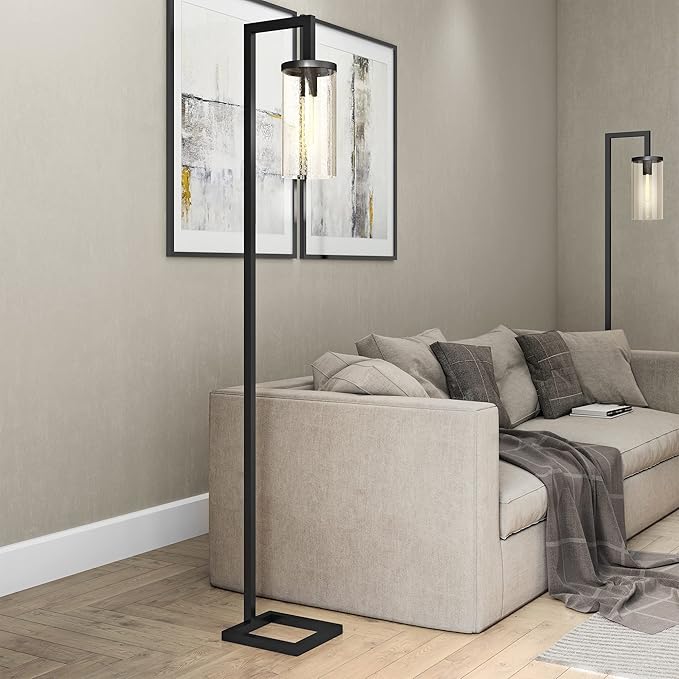 Henn&Hart 67.75" Tall Floor Lamp with Glass Shade in Blackened Bronze/Seeded, Floor Lamp for Home Office, Bedroom, Living Room