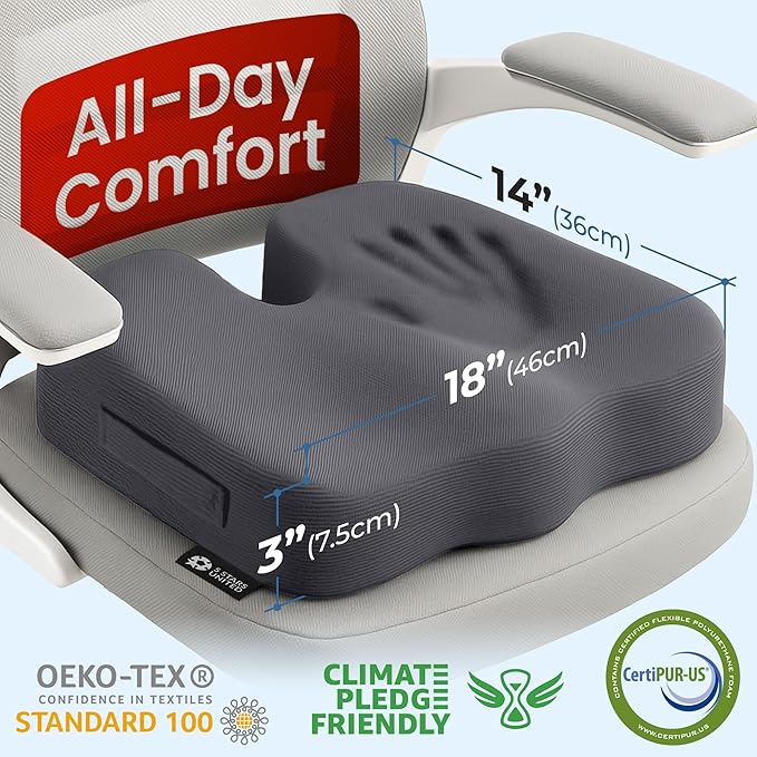 5 STARS UNITED Seat Cushion for Tailbone Pain Relief – Memory Foam Cushion for Coccyx, Hip, Hemorrhoid, Sciatica & Post-Surgery Recovery – Wheelchair, Car, Desk, Gaming & Office Chairs, D Gray