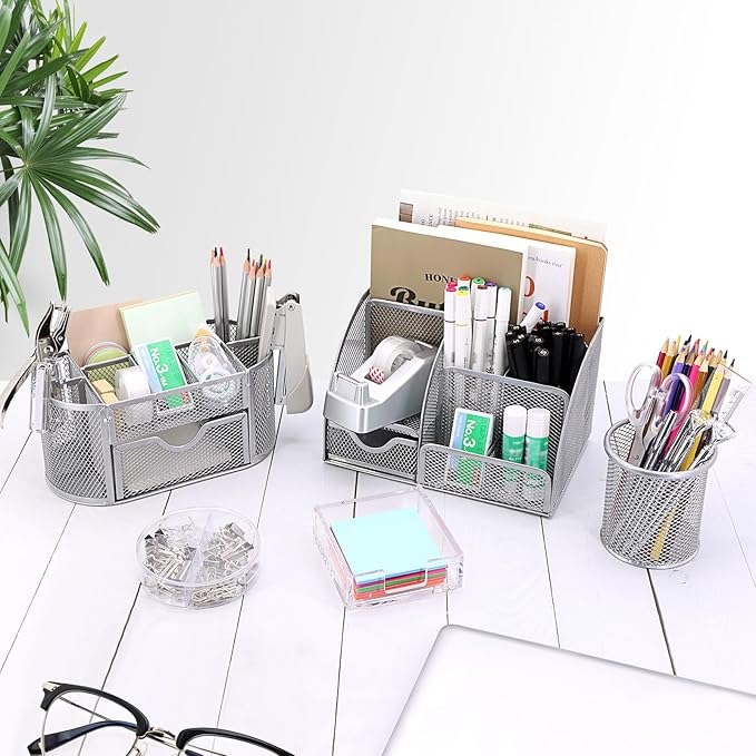 17 in1 Silvery Desk Organizers and Accessories Set, 3 Office Desk Supplies Storage Organization, 4 Pens, Stapler, Staples & Remover, Tape & Dispenser, Scissors, Ruler, Clips, Hole Punch Back to School