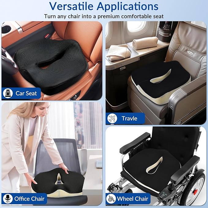 Ergonomic Memory Foam Seat Cushion for Office Chair, Extra Large Pad with U-Shaped Design for Pressure Relief, Coccyx Sciatica & Back Pain Relief, for Home, Car Long Sitting (Black/Gray)