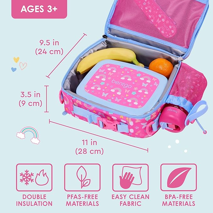 Bentgo Kids Lunch Bag - Double-Insulated, Reusable Lunch Bag for Kids 3+ with Adjustable Strap; Holds Lunch Box/Water Bottle/Snacks; Easy-Clean, Water-Resistant & Pockets (Rainbows & Butterflies)