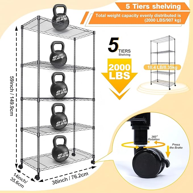 Whitmor 5-Tier Heavy Duty Shelving Unit, Metal Adjustable Storage Shelves, 2000 lbs Capacity for Pantry, Kitchen, Closet, Laundry, 29.6" L x 13.7" W x 59.4" H, Black