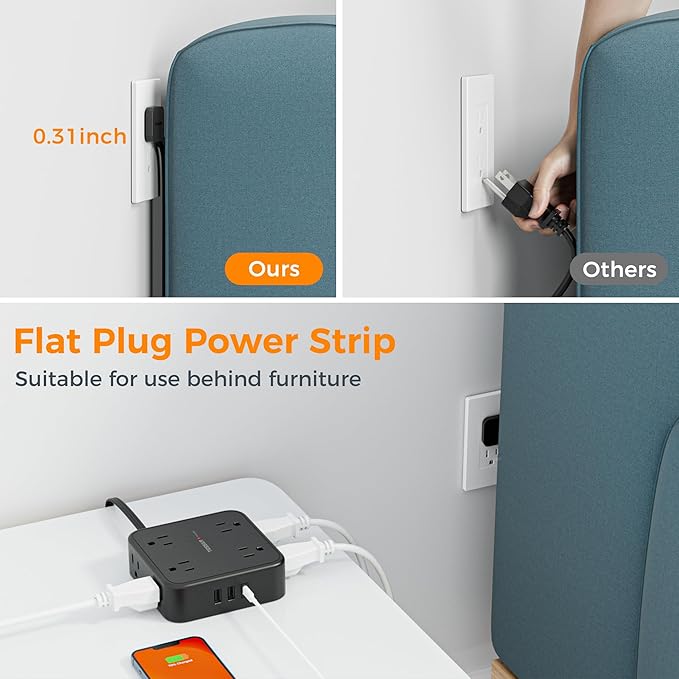 15 FT Extension Cord, TESSAN Ultra Thin Flat Plug Power Strip Surge Protector with 8 Outlets 3 USB Charger(1 USB C), 900J Surge Protection Charging Station for Home Office Dorm Room Essentials, Black