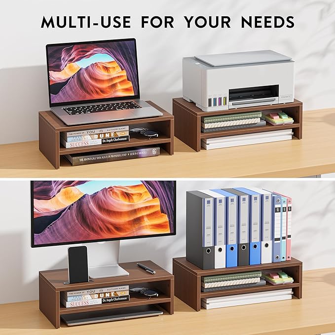 BONTEC Wooden Monitor Stand Riser, 2-Tier Desk Shelf with Storage Organizer, Ergonomic Computer Stand with Cable Management, Cellphone Holder, Walnut, 16.5 Inch
