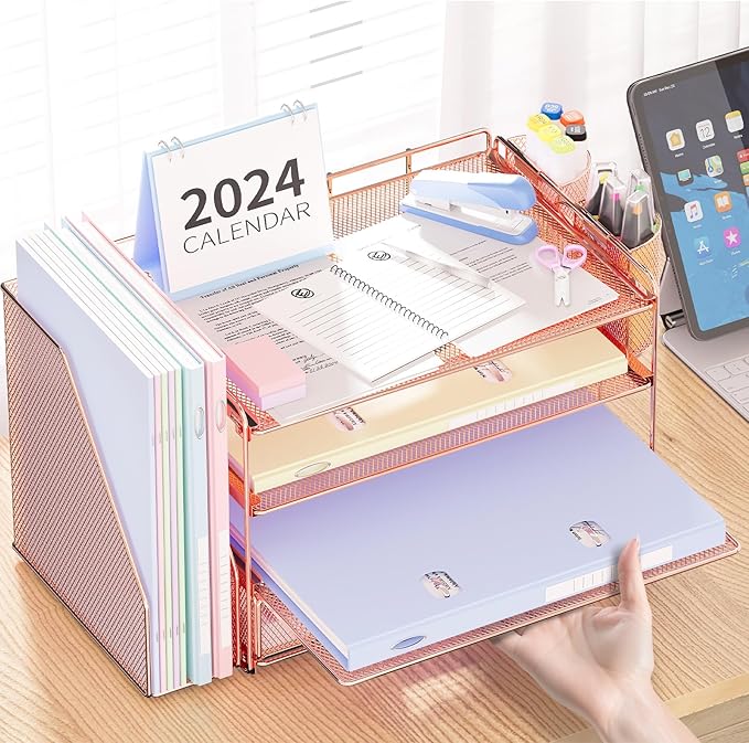 OPNICE Desk Organizer, 4-Tier Desktop File Organizer with Drawer and 2 Pen Holders, Office Desk Accessories, File Sorters, Workspace Organizers for Office Supplies(Rose Gold)