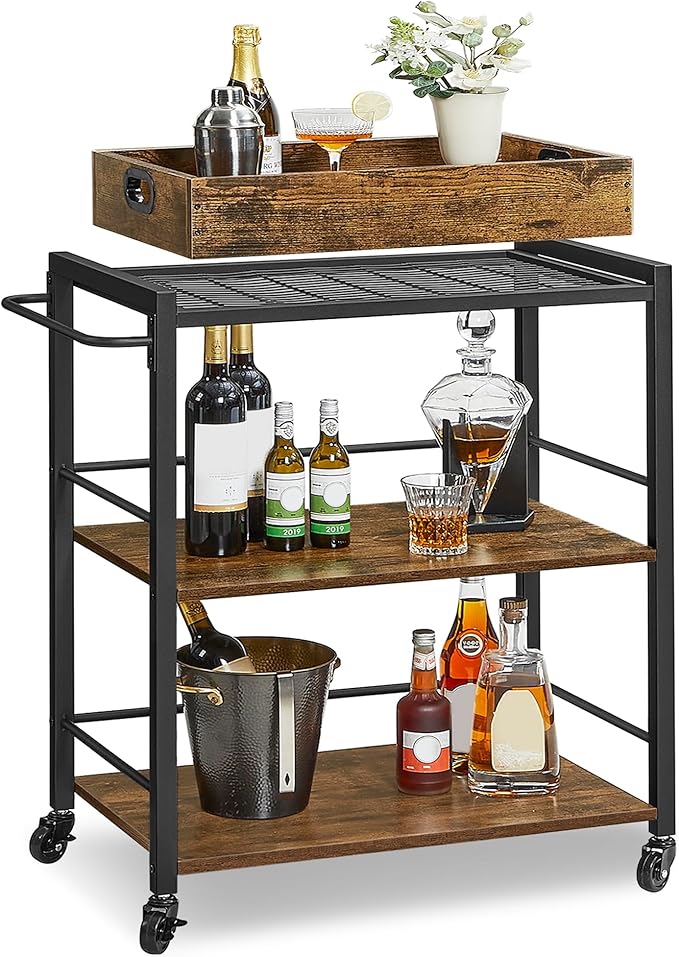 VASAGLE Kitchen Serving Cart with Removable Tray, 3-Tier Kitchen Utility Cart on Wheels with Storage, with Brakes, Leveling Feet, 15.7 x 28.3 x 33.9 Inches, Rustic Brown and Black ULRC72X