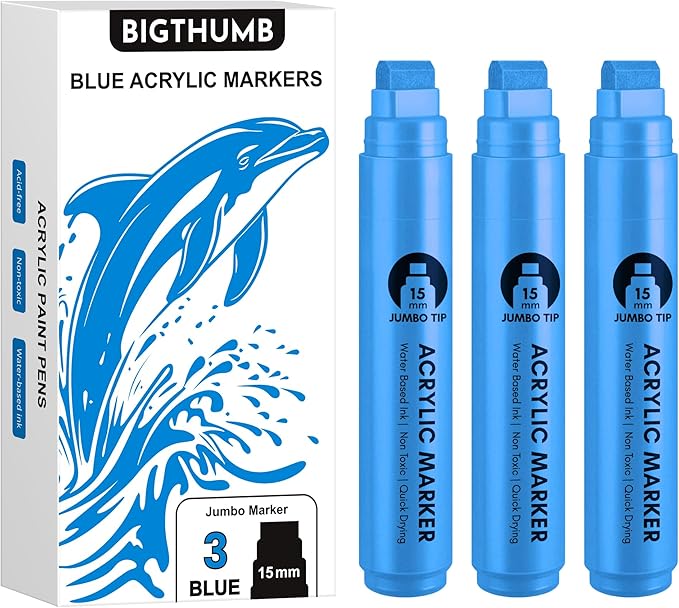 3 Pcs Blue Jumbo Permanent Markers: 15mm Wide Tip Thick Acrylic Paint Pen Large Calligraphy Marker for Rock Painting, Poster, Sign, Canvas, Glass, Wood, Ceramic
