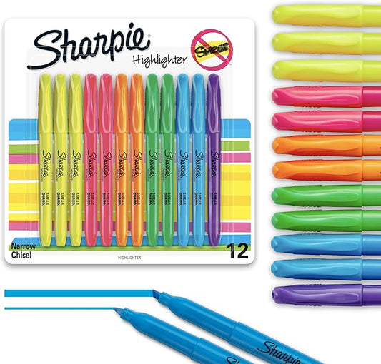 Sharpie Pocket Highlighters, Chisel Tip, Quick Dry, Assorted Fluorescent Colors, 12 Count - For Studying, Note-Taking, School, College, Office, Student & Teacher Supplies