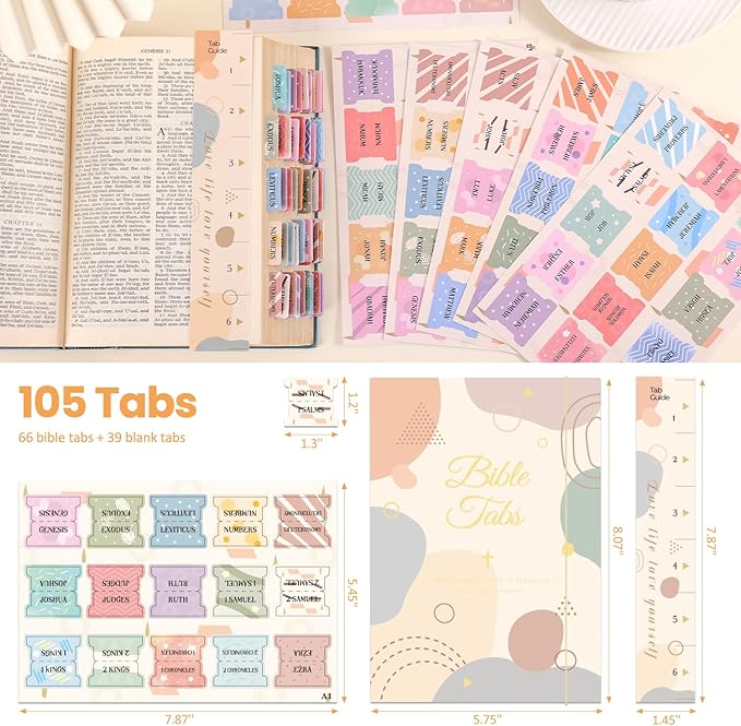 Bible Tabs for Women, 66 Large Print Laminated Bible Chapters Index Tabs and 39 Blank Dividers Sticky Labels, Cute Beauty Geometry Bible Study Supplies, Journaling Accessories, Christian Gifts for Men