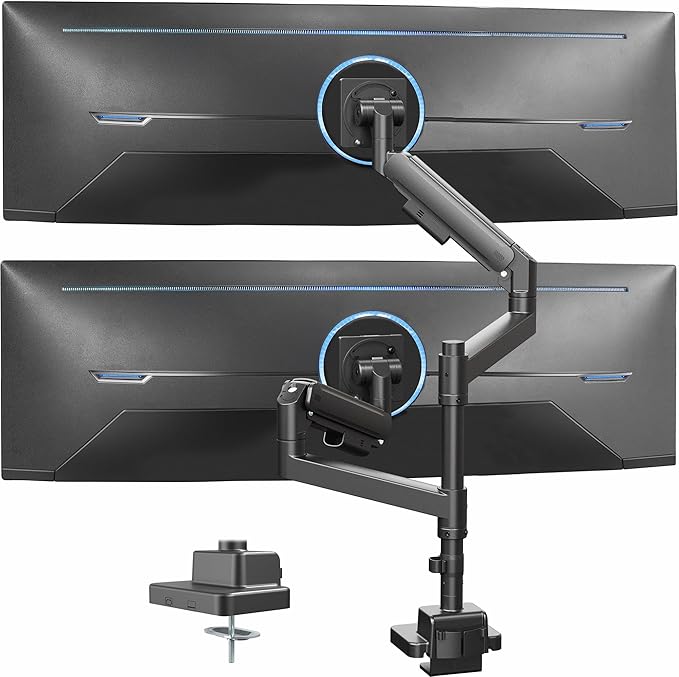 VIVO Dual Ultrawide Monitor Arms with Pole, 57 inch Screens up to 59.4 lbs, Desk Mount TV and Monitor Stand Designed for Samsung Odyssey Ark, Neo G9, ViewFinity S9, and More, Black, STAND-GT57T2