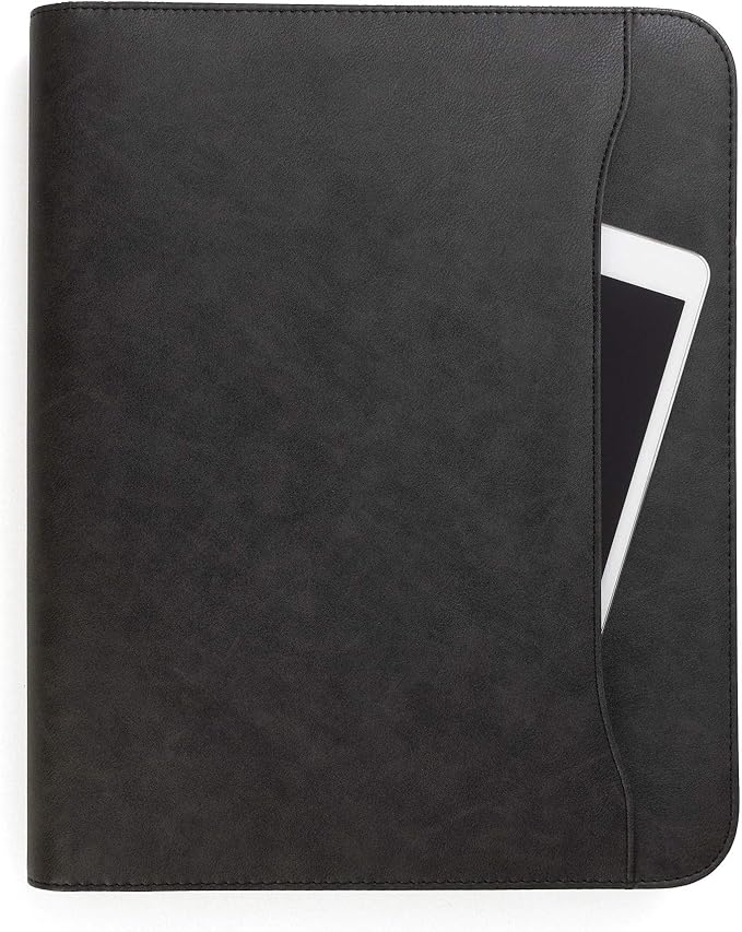Forevermore Portfolios Padfolio Binder - Professional Faux Leather Travel Organizer Pouch for Tablet, Documents, Presentation Folders, Zipper Closure, Notepad - Black