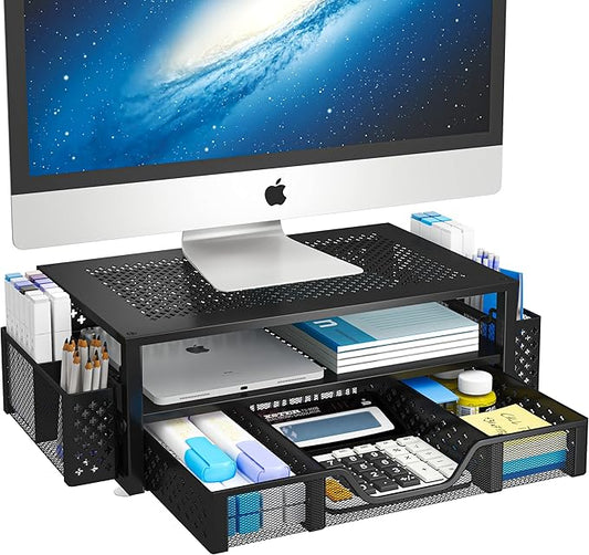 Simple Trending Desk Organizer and Accessories, 2 Tier Computer Metal Monitor Stand Riser with Drawer and Pen Holder for Laptop, Computer, iMac, Black