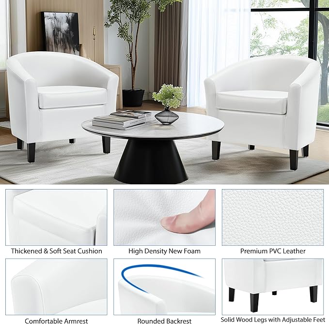 Yaheetech White Accent Chairs Set of 2, Faux Leather Barrel Chairs, Modern Living Room Chairs, Comfy Club Chairs with Sturdy Wood Legs for Bedroom/Reading/Room/Waiting Room, White