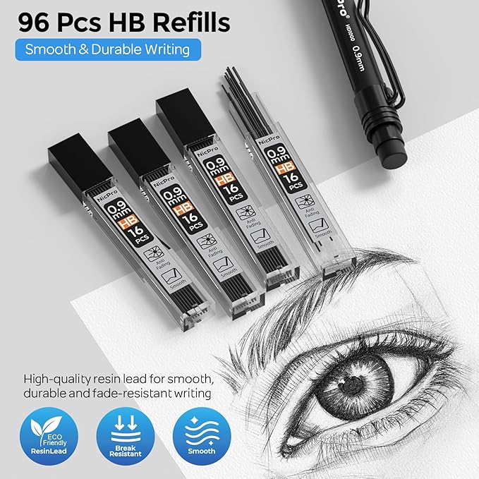 Nicpro Art Mechanical Pencil 0.9mm with Case, 3PCS HD1000 Hevey Duty Lead Pencils With 6 Tube HB 0.9 Lead Refill, Eraser, Weatherproof Barrel Pencil Set for Outdoor Writing Drafting Drawing Sketching
