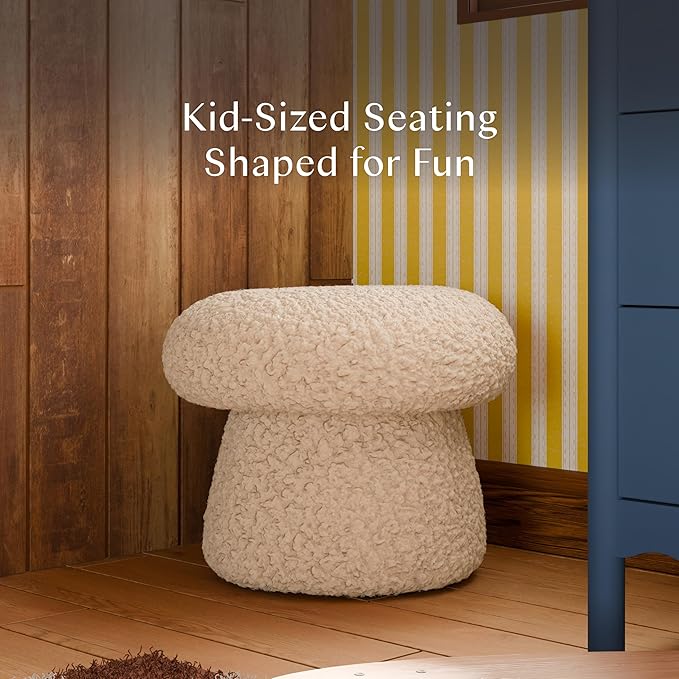Babyletto Kids Mushroom Pouf - Ottoman Foot Rest - Poofy Plush Round Footrest Stool for Couch - GREENGUARD Certified Soft & Stuffed, Comfy Pouf Ottoman for Living Room & Nursery Floor - Chai Shearling