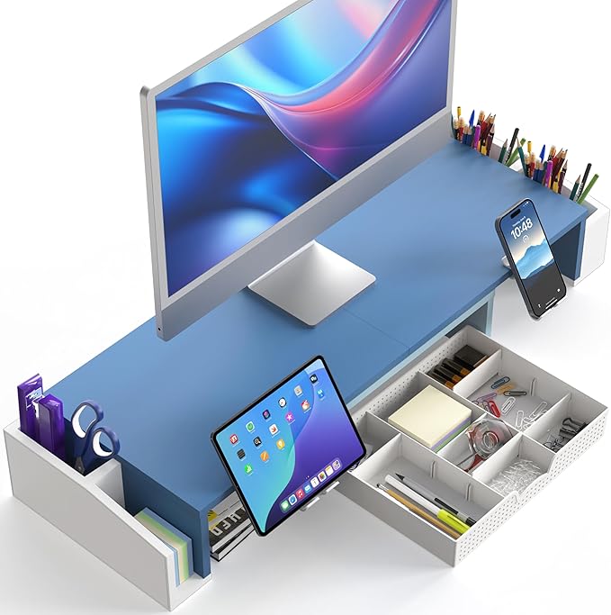 Simple Houseware Desk Dual Monitor Stand Riser with Drawer, Blue
