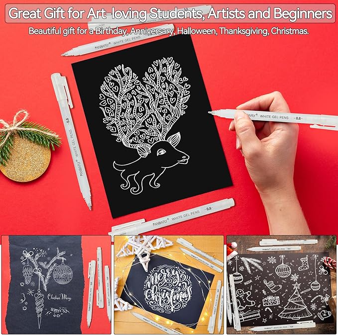 PANDAFLY White Gel Pens, 0.8mm Extra Fine Point Opaque Archival Ink Pen for Journaling, Art, or Drawing - For Artist Gifts, Holiday Gifts & DIY Projects, 3 Pack
