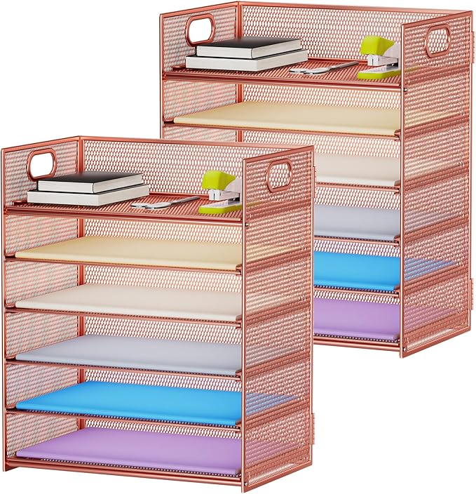 Marbrasse 2 Pack Desk Organizer with Handle, 6 Tier Paper Letter Tray, Mesh Desk File Organizer for Office, School and Home - Rose Gold