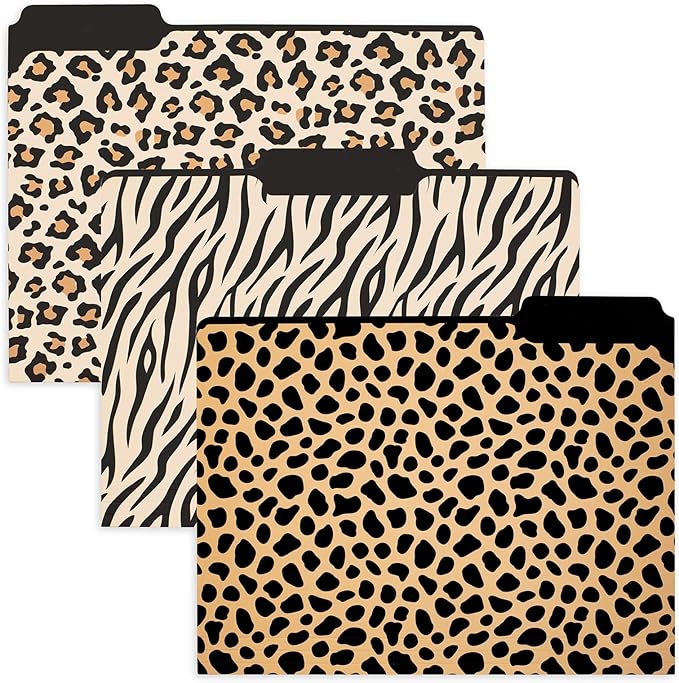 Steel Mill & Co Thick Sturdy File Folders Decorative, Set of 9 File Folders with Tabs and Sticker Labels, Cute Colored File Folders Letter Size, Leopard