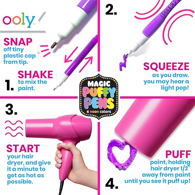Ooly Puffy Paint Neon Gel Pens Set of 6, 3D Foam Texture Painting Magic Puffy Pen, Creative and Fun Pens for Kids Arts and Crafts Drawing Supplies