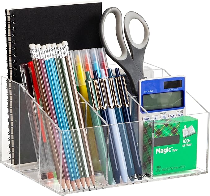 Mind Reader Desktop Organizer, 7-compartment, Office Essentials, Modern, Office, Acrylic, Clear