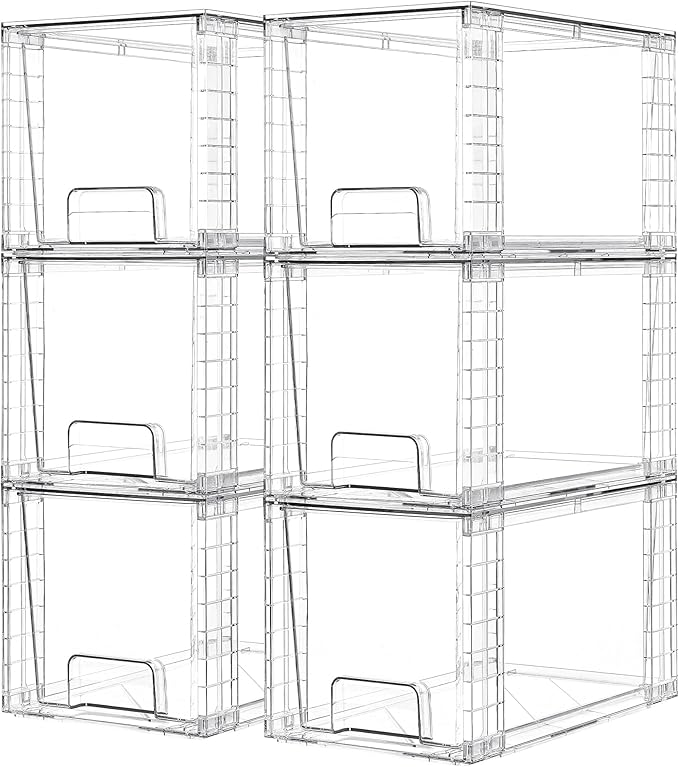 Vtopmart 6 Pack Large Stackable Storage Drawers,Easily Assemble Acrylic Bathroom Closet Undersink Organizers and Storage,Plastic Bins for Kitchen Cabinets,Pantry,Makeup,Medicine Organization