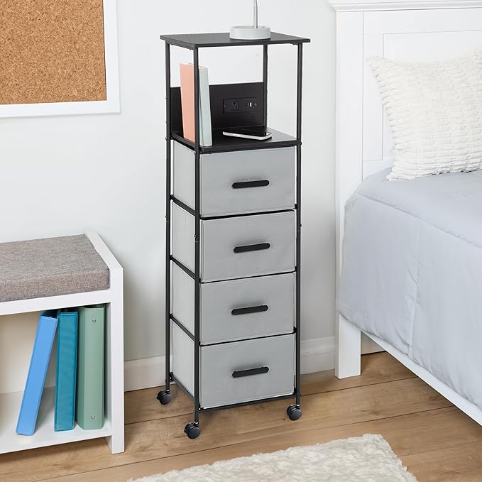 Honey-Can-Do Rolling Cart with 4 Drawers, Fabric Small Dresser Organizer Vertical Storage with Charging Station (USB and USB-C), Nightstand Side Table for Dorm Room, Bedroom, Black and Gray