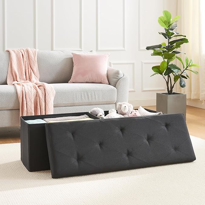 VECELO 43'' Folding Storage Ottoman Bench, Storage Chest, Linen Fabric Foot Rest Stool, 158L Storage Footstools for Bedroom and Living Room, Holds up to 660 lbs, JBlack