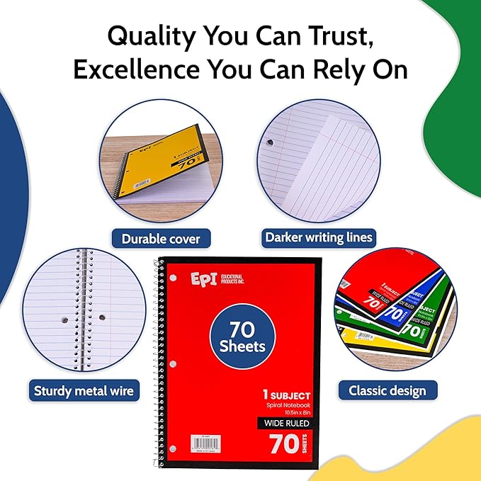 EPI Spiral Notebook | Wide - 70 Sheets, Durable Spiral Binding | 10.5 x 8 in | Classroom Supplies | School, Office, Note Taking, Journaling - 48 Pack