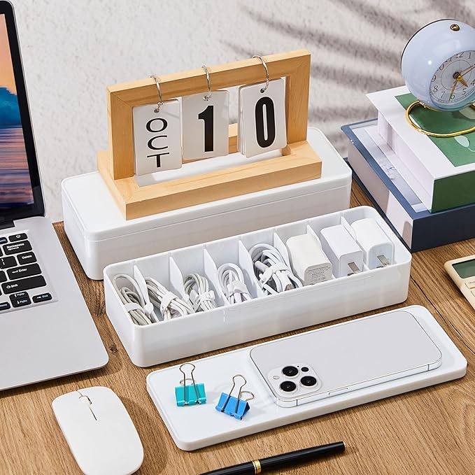 Tatuo 2 Pcs Cable Organizer Box with Wire Ties, Plastic Cord Storage Box with Lid, Electronics Organizer for Home Office Desk Organizers and Accessories (White)