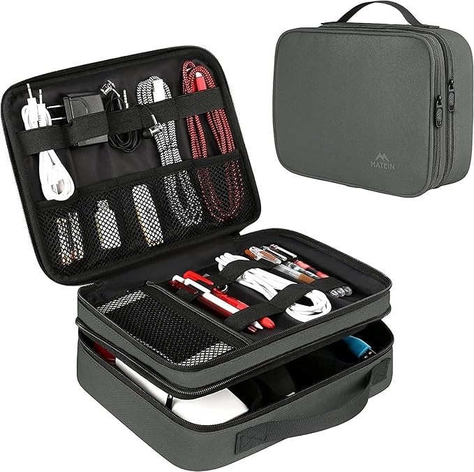 MATEIN Cord Organizer Bag, Travel Universal Cable Organizer Case Sturdy Accessories Pouch with Handle, Medium Electronic Carrying Bag for Cable, Grey