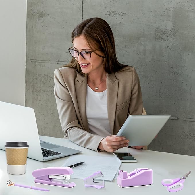 Purple Office Supplies, Purple Desk Accessories, Stapler, Staple Remover, Tape Holder, Pen Holder, Ballpoint Pen, Scissor, Binder Clips, Paper Clips and 1000pcs Staples.