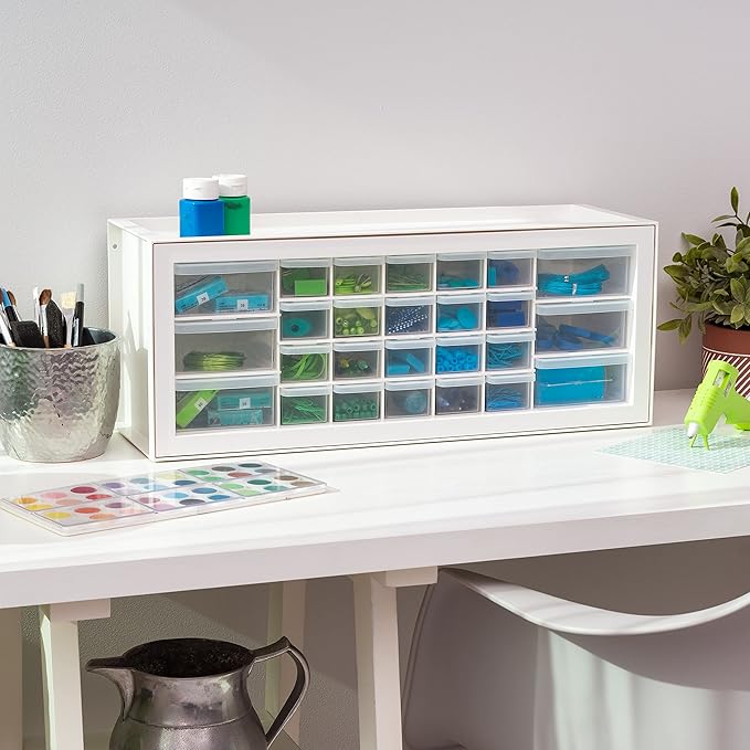 IRIS USA Plastic Drawer Storage Organizer, 26-Drawer Teacher Toolbox Bead Small Parts Organizer Cabinet for Hardware Crafts Nuts Bolts Tools Sticker Home Business Scrapbook Art Hobby Garage - White
