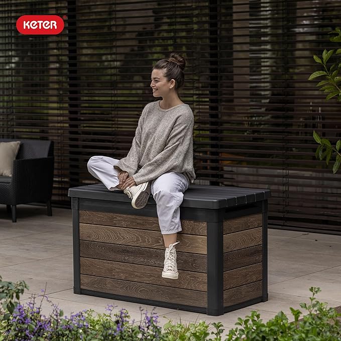 Keter Walnut 100 Gallon Resin Deck Box-Organization and Storage for Patio Furniture Outdoor Cushions, Throw Pillows, Garden Tools and Pool Toys