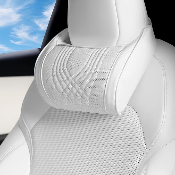 Car Headrest Memory Foam Neck Pillow for Driving with Leather Cover Soft Comfortable Seat Head Pillow Cushion for Most Cars SUV Sedan Home Office, White, 1PC
