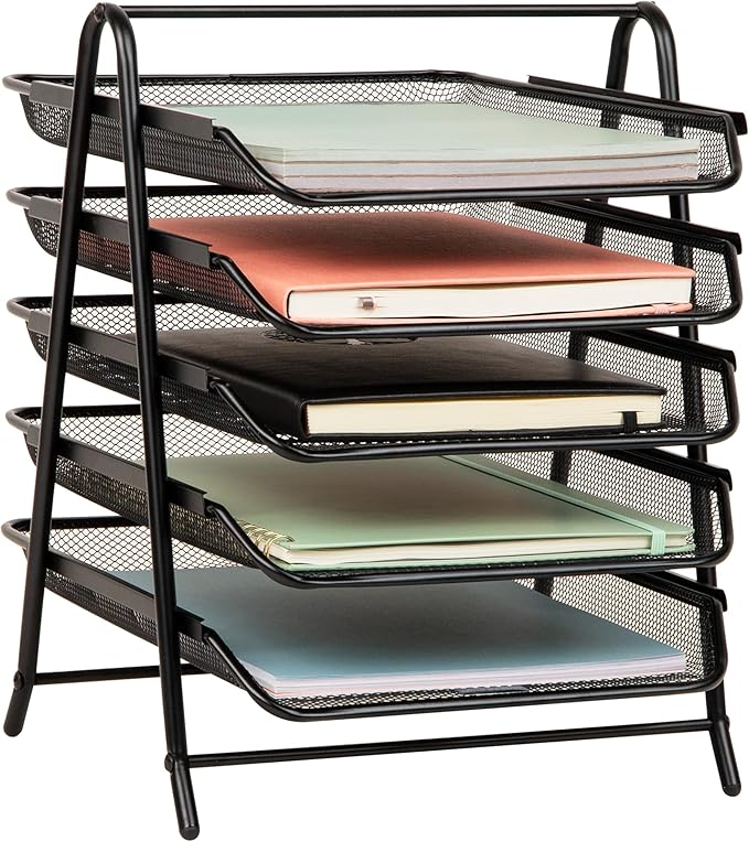 Mind Reader 5-Tier Paper Tray Organizer, Vertical Desktop File Storage Rack, Office, Metal Mesh, Black