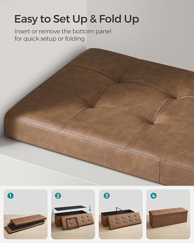 SONGMICS MAZIE Collection - 43 Inches Storage Ottoman Bench with Flipping Lid, Storage Chest with Iron Frame Support, Load 660 lb, for Living Room, Bedroom, Synthetic Leather, Coffee Brown ULSF075K01