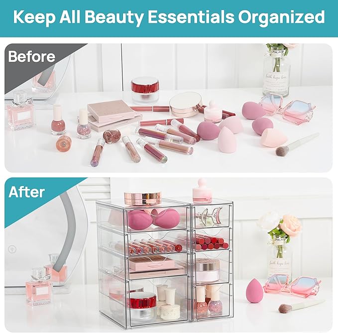Vtopmart Acrylic Organizer with 8 Drawers, Desk Organizers and Accessories, Clear Makeup Organization, Dustproof Storage Drawers for Office Art Craft Supplies