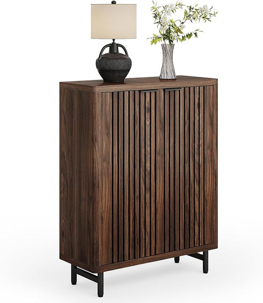 LITTLE TREE 6-Tier Shoe Cabinet with Doors for Up to 24 Pairs, Large Wooden Shoe Storage Cabinet with Adjustable Shelves, Retro Freestanding Shoe Organizer Cabinet for Entryway, Hallway, Dark Walnut