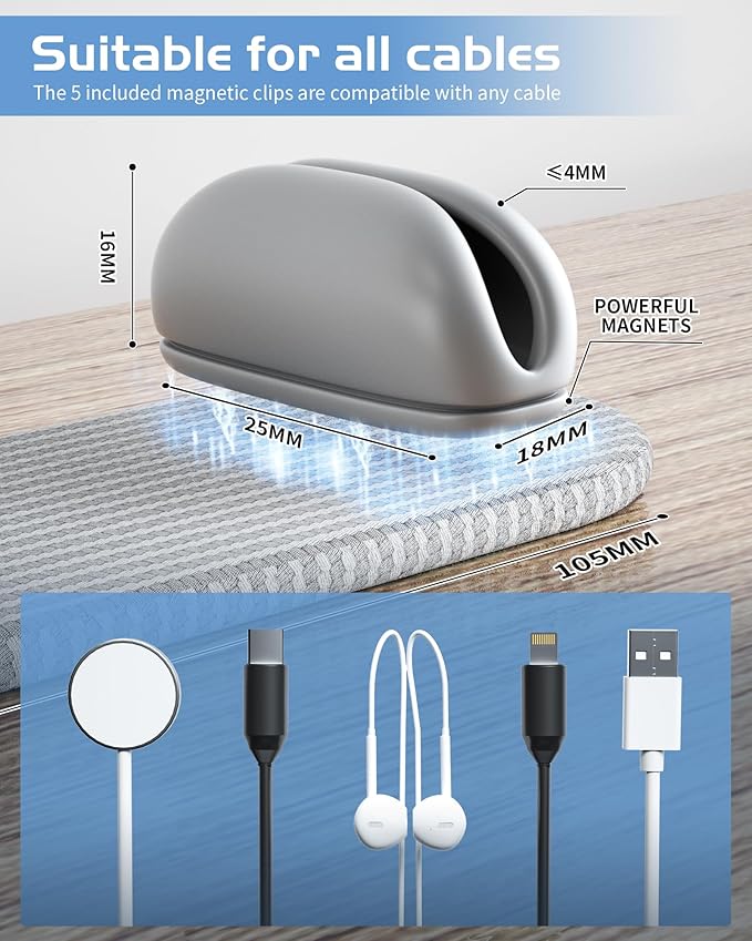5-Pack Magnetic Cable Clips Cord Organizer - Smoothly Adjustable, Puretor Desk Cable Management Clips. Ideal Wire Holders for Desktop, Nightstand, Wall - Perfect for Home Office, Phone, Car (Grey)