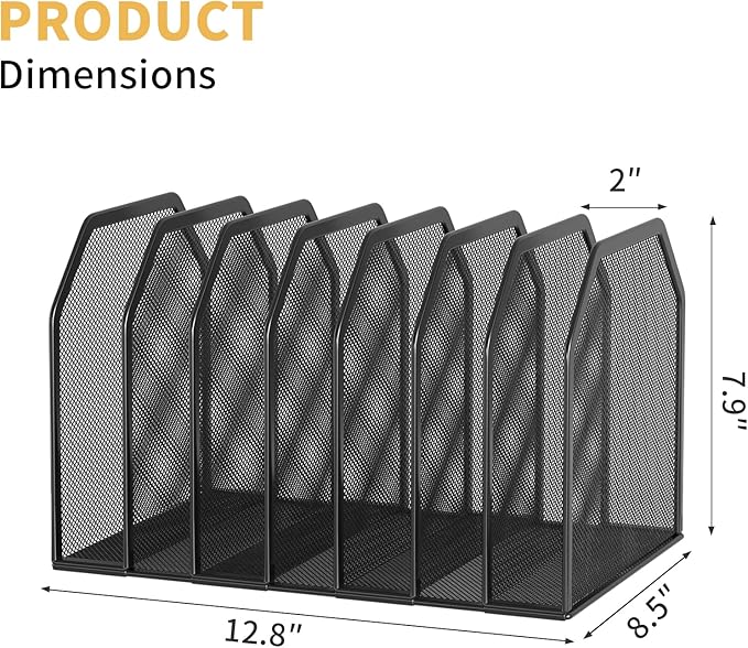 Metal 7-Section File Folder Organizer for Desk | Vertical Office File Holder | Heavy-Duty Mesh Document Sorter for Books, Binders, Laptops | Black Desk Organizer (12.8”x8.5”x7.9”)