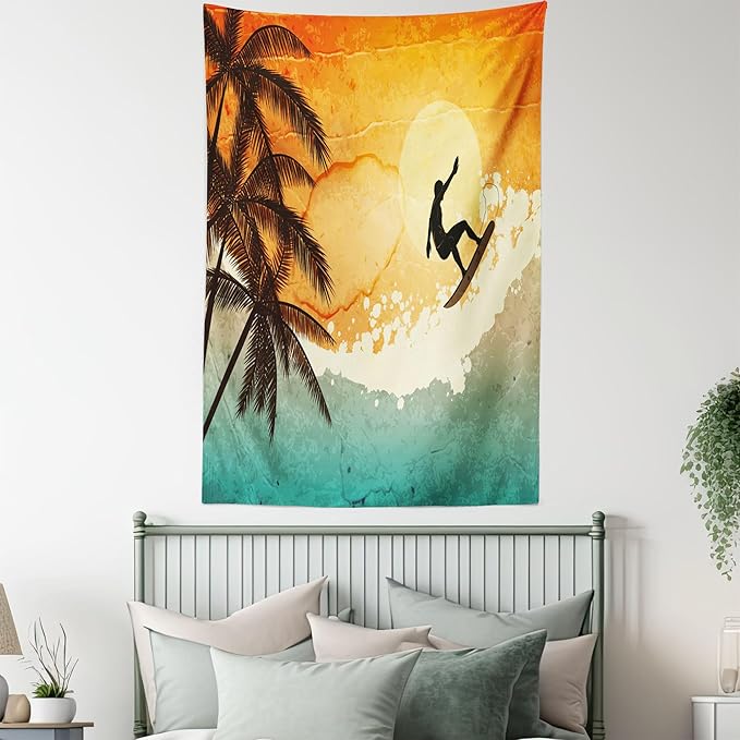 Ambesonne Grunge Tapestry Queen Size, Illustration of Tropical Island Surfer on Sea Waves and Palms at Sunset, Wall Hanging Bedspread Bed Cover Wall Decor, 88" X 88", Orange Turquoise Black