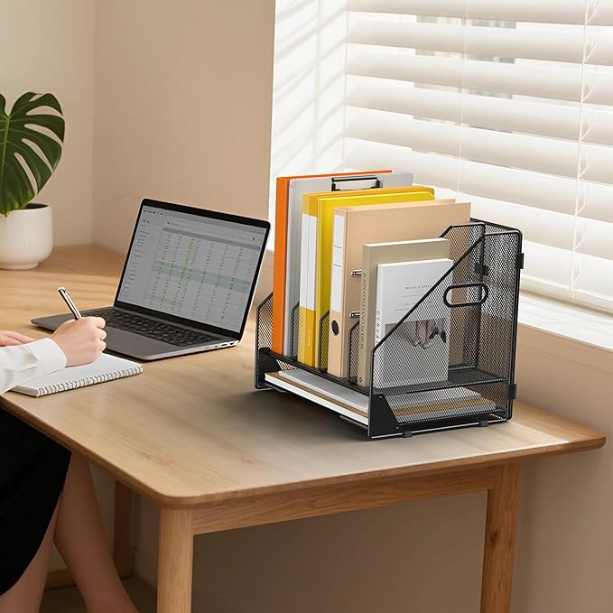 Desk File Folder Holder Organizer-4 Vertical Compartments Racks and Paper Letter Tray,Mesh Magazine File Holder Sorter,Desktop Accessories & Workspace Organizers for Home,Office,School-Black