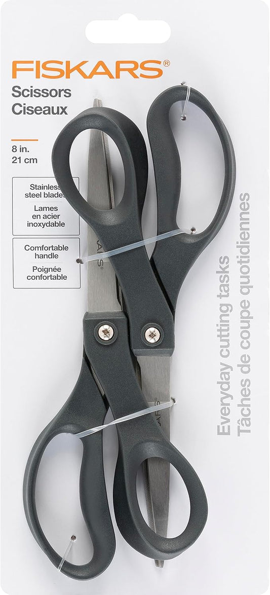 Fiskars 8” Everyday Stainless Steel Scissors (2-Pack) with Ergonomic Handles, Home & Office Scissors for Cutting Paper, Cardboard, Photos and More, Gray