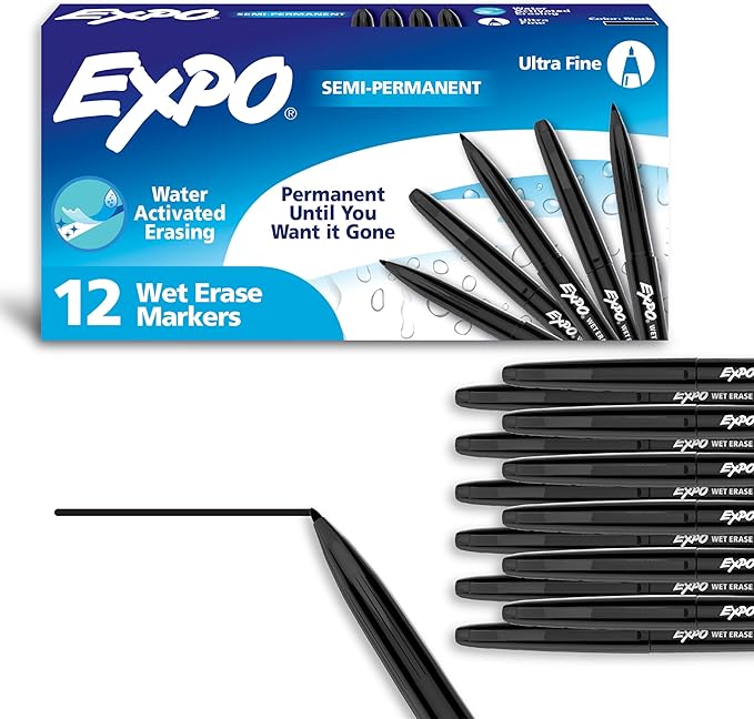 EXPO Visa Vis Wet Erase Markers Fine Point Black 12-Pack Ideal for Classroom and Homeschool Use