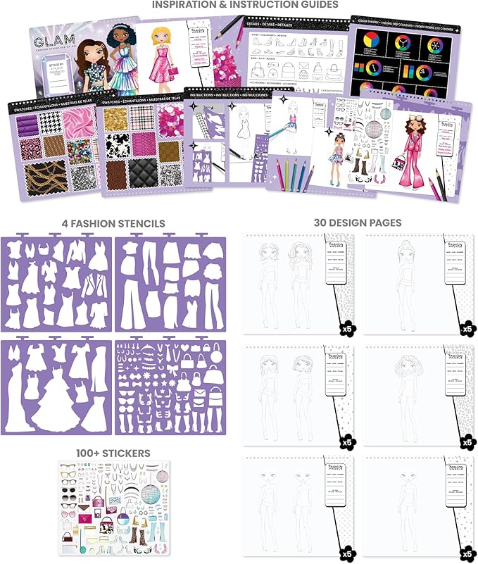 Fashion Angels Glam Fashion Sketch Set, Includes Sketch Pad with Stencils & Stickers, Fashion Design Sketch Book for Girls, Ideal Drawing Kit for Kids